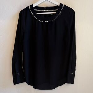 Ann Taylor Black Blouse with Embellished Neckline